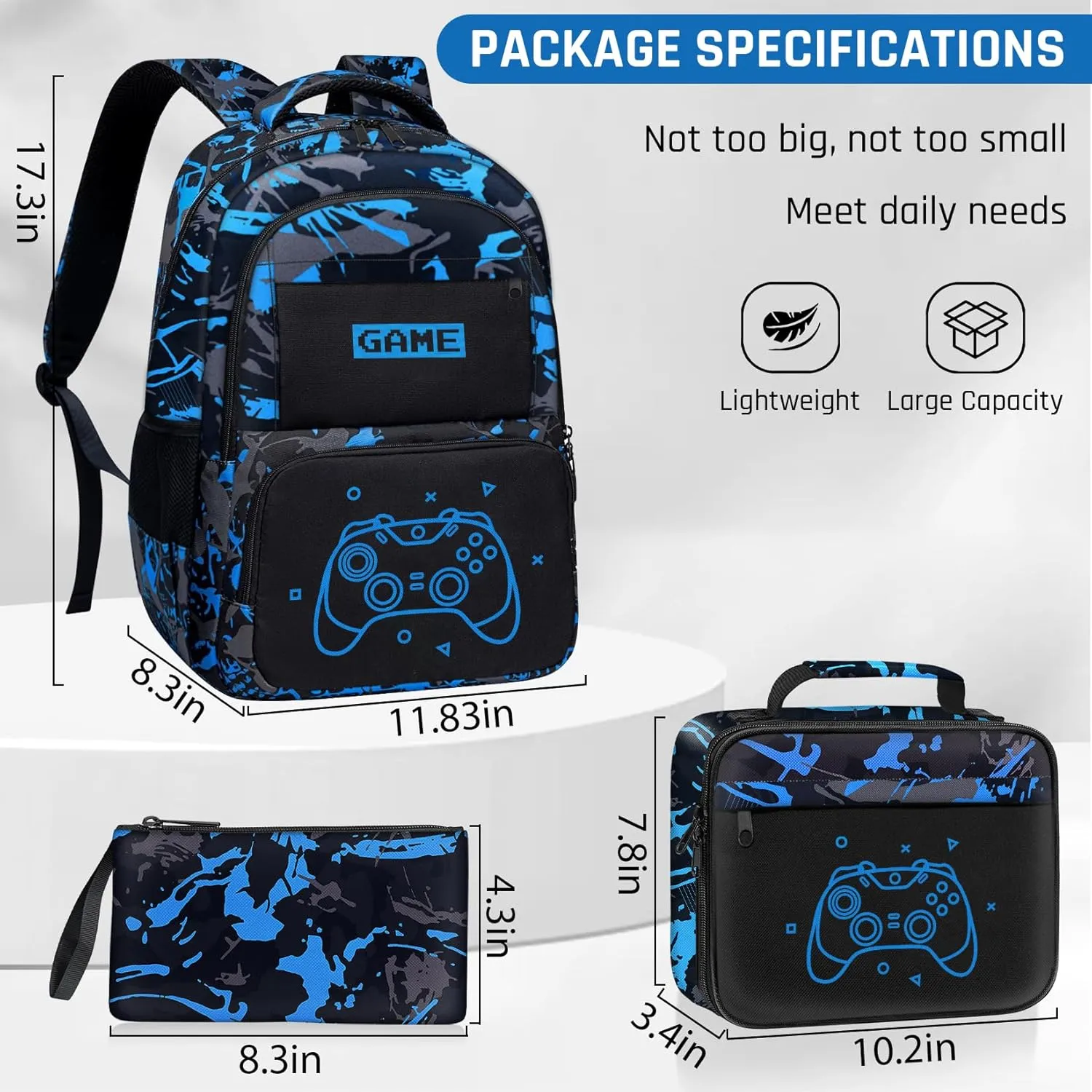 Glow in The Dark Backpack for Boys - 3pcs Game Boys Backpack for Kids Children Teens Elementary Middle School - 17 Gamer Bookbag Travel Back Pack for Age 6-18