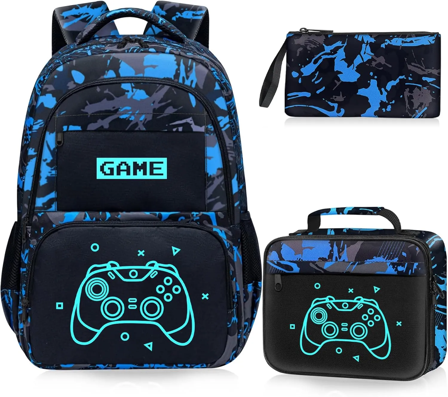 Glow in The Dark Backpack for Boys - 3pcs Game Boys Backpack for Kids Children Teens Elementary Middle School - 17 Gamer Bookbag Travel Back Pack for Age 6-18