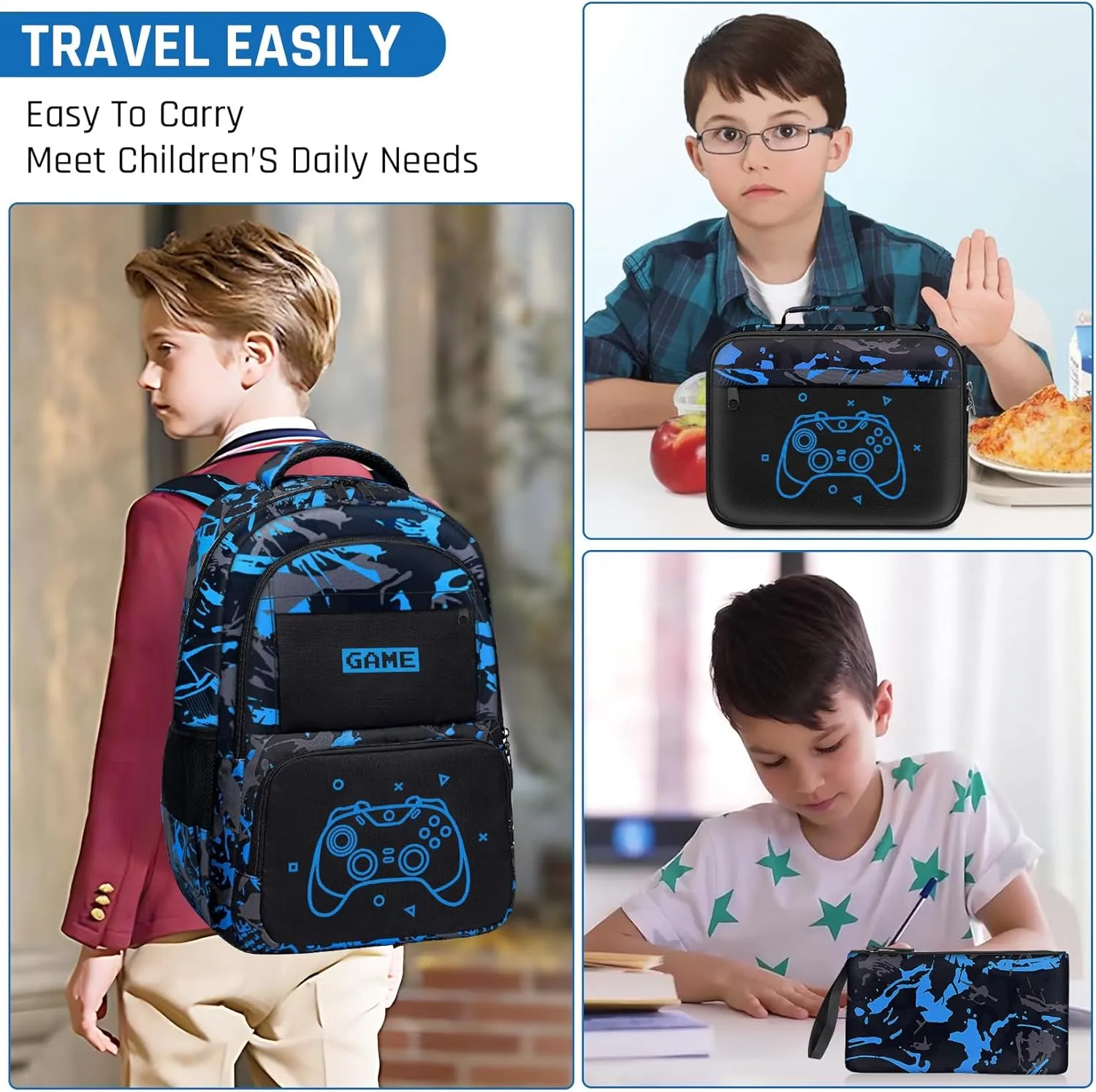 Glow in The Dark Backpack for Boys - 3pcs Game Boys Backpack for Kids Children Teens Elementary Middle School - 17 Gamer Bookbag Travel Back Pack for Age 6-18