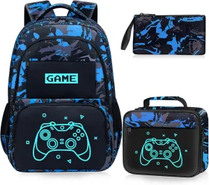 Glow in The Dark Backpack for Boys - 3pcs Game Boys Backpack for Kids Children Teens Elementary Middle School - 17 Gamer Bookbag Travel Back Pack for Age 6-18