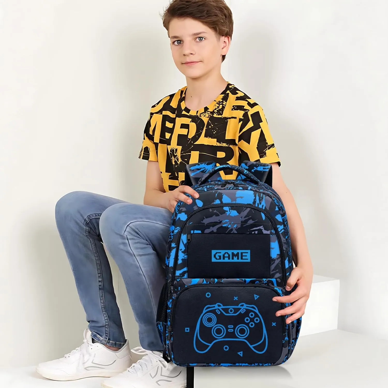Glow in The Dark Backpack for Boys - 3pcs Game Boys Backpack for Kids Children Teens Elementary Middle School - 17 Gamer Bookbag Travel Back Pack for Age 6-18