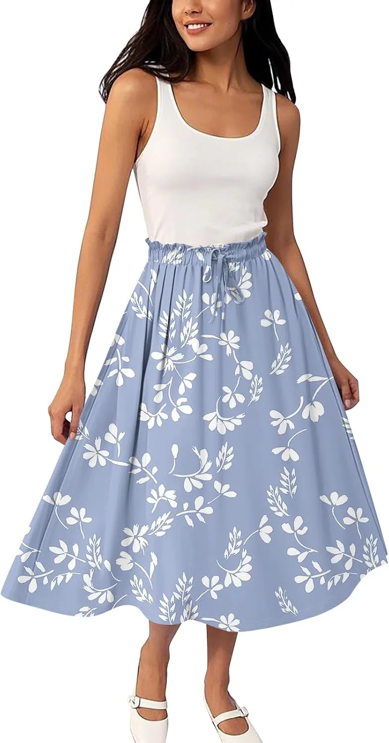 GOFULY Womens Skirts Midi Length Elastic Waist Casual Fall Floral Print A-Line Knee Skirts Drawstring Pleated Skirt