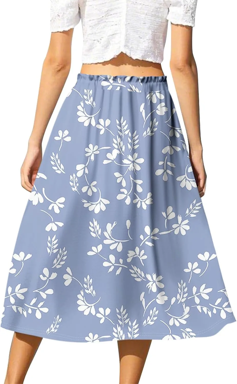 GOFULY Womens Skirts Midi Length Elastic Waist Casual Fall Floral Print A-Line Knee Skirts Drawstring Pleated Skirt