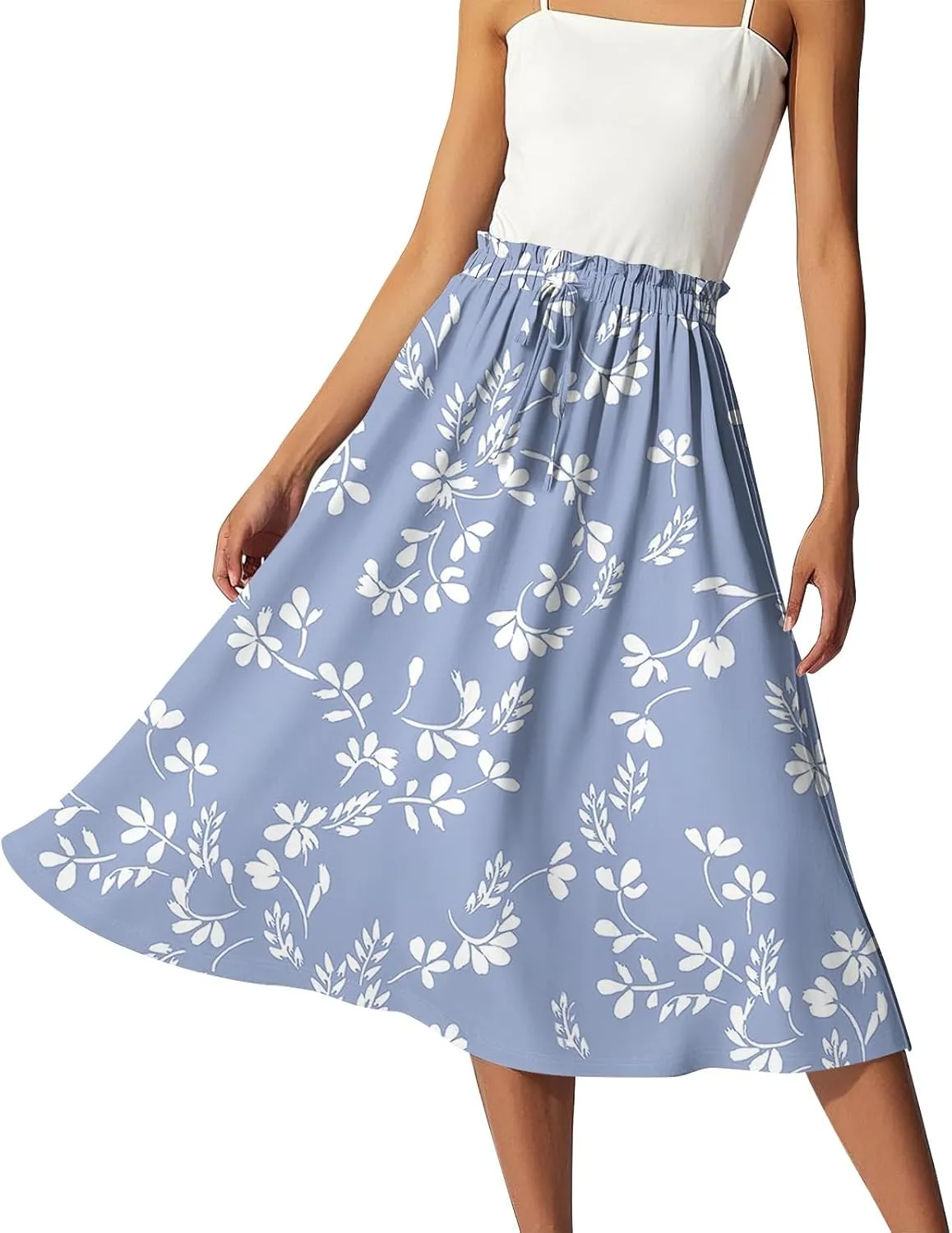 GOFULY Womens Skirts Midi Length Elastic Waist Casual Fall Floral Print A-Line Knee Skirts Drawstring Pleated Skirt