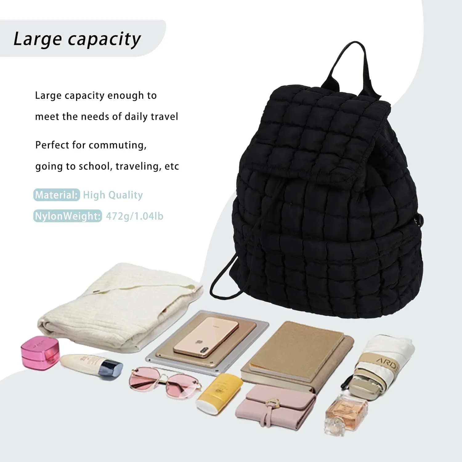 GOKTOW Quilted Backpack for Women, Puffer Gym Bag for Travel Sports Lightweight Drawstring.Black