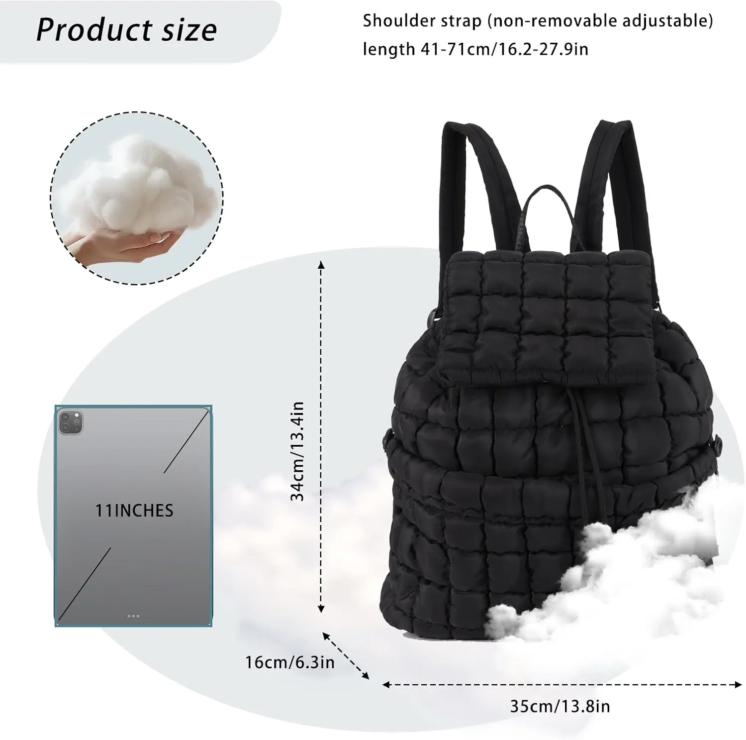 GOKTOW Quilted Backpack for Women, Puffer Gym Bag for Travel Sports Lightweight Drawstring.Black