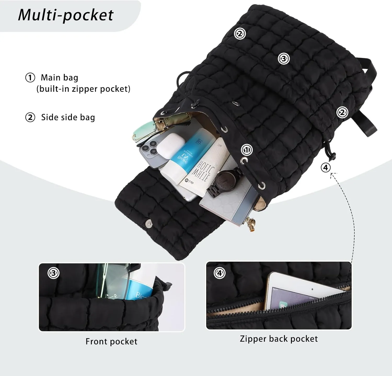 GOKTOW Quilted Backpack for Women, Puffer Gym Bag for Travel Sports Lightweight Drawstring.Black
