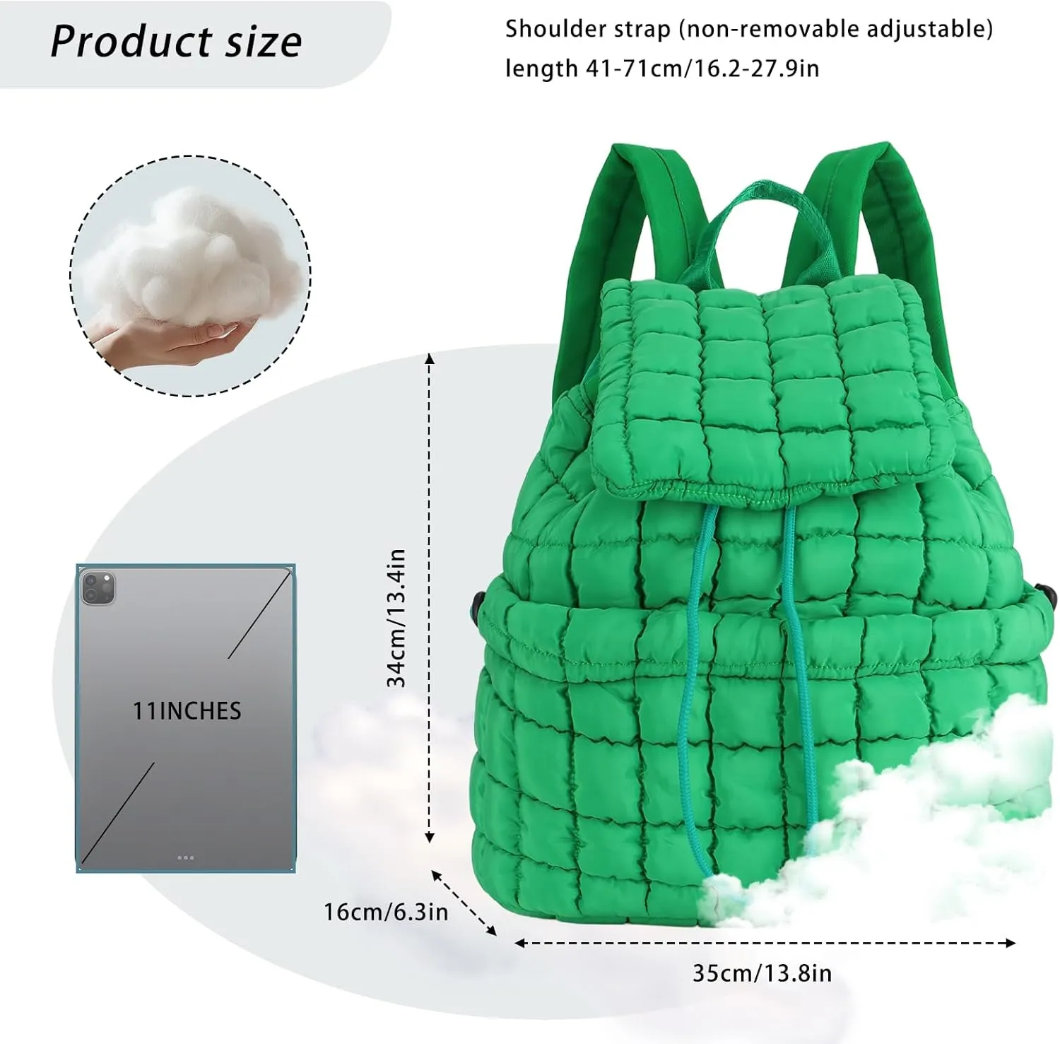 GOKTOW Quilted Backpack for Women, Puffer Gym Bag for Travel Sports Lightweight Drawstring,Green