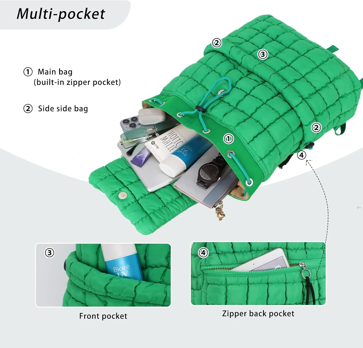 GOKTOW Quilted Backpack for Women, Puffer Gym Bag for Travel Sports Lightweight Drawstring,Green