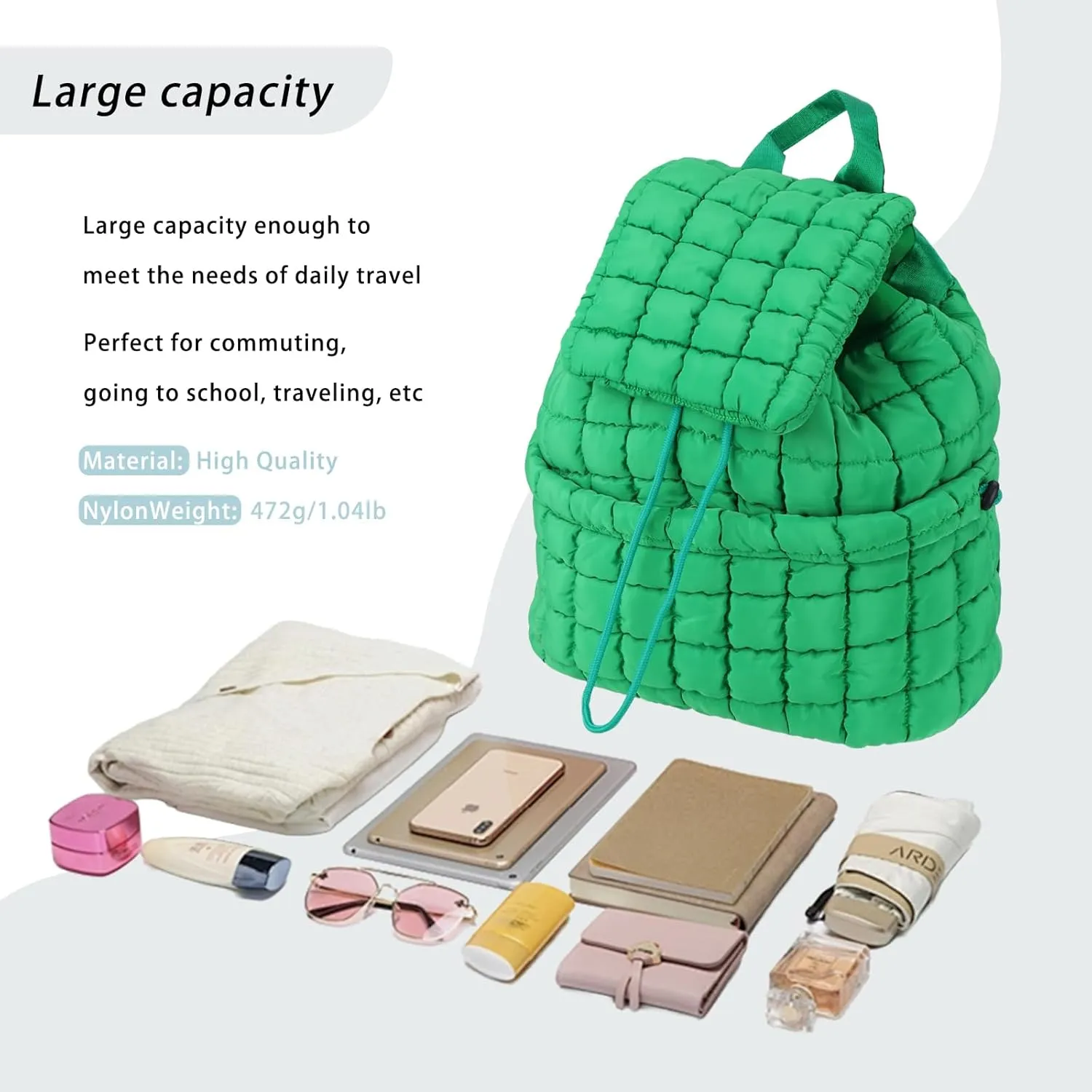 GOKTOW Quilted Backpack for Women, Puffer Gym Bag for Travel Sports Lightweight Drawstring,Green