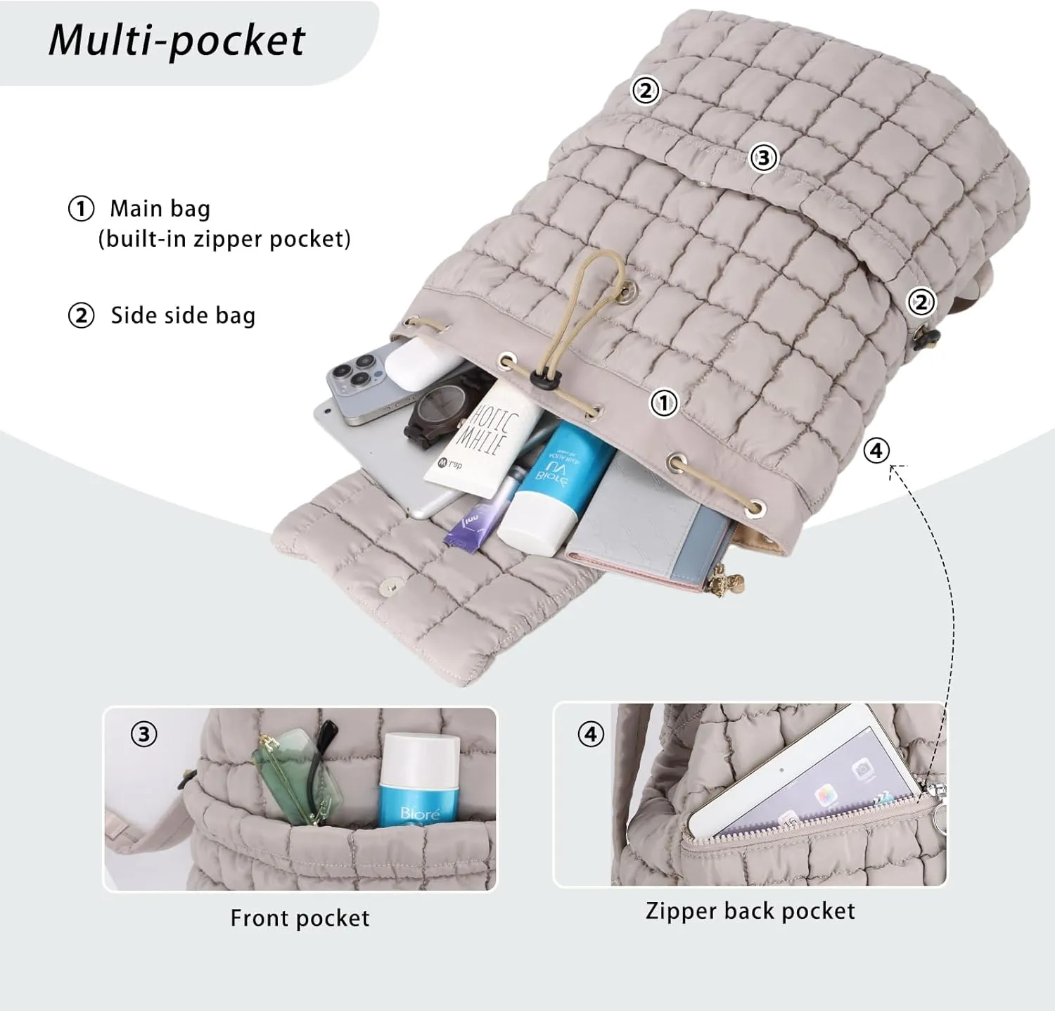 GOKTOW Quilted Backpack for Women, Puffer Gym Bag for Travel Sports Lightweight Drawstring,Khaki