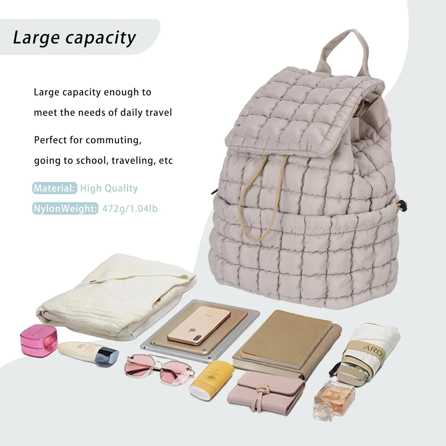 GOKTOW Quilted Backpack for Women, Puffer Gym Bag for Travel Sports Lightweight Drawstring,Khaki