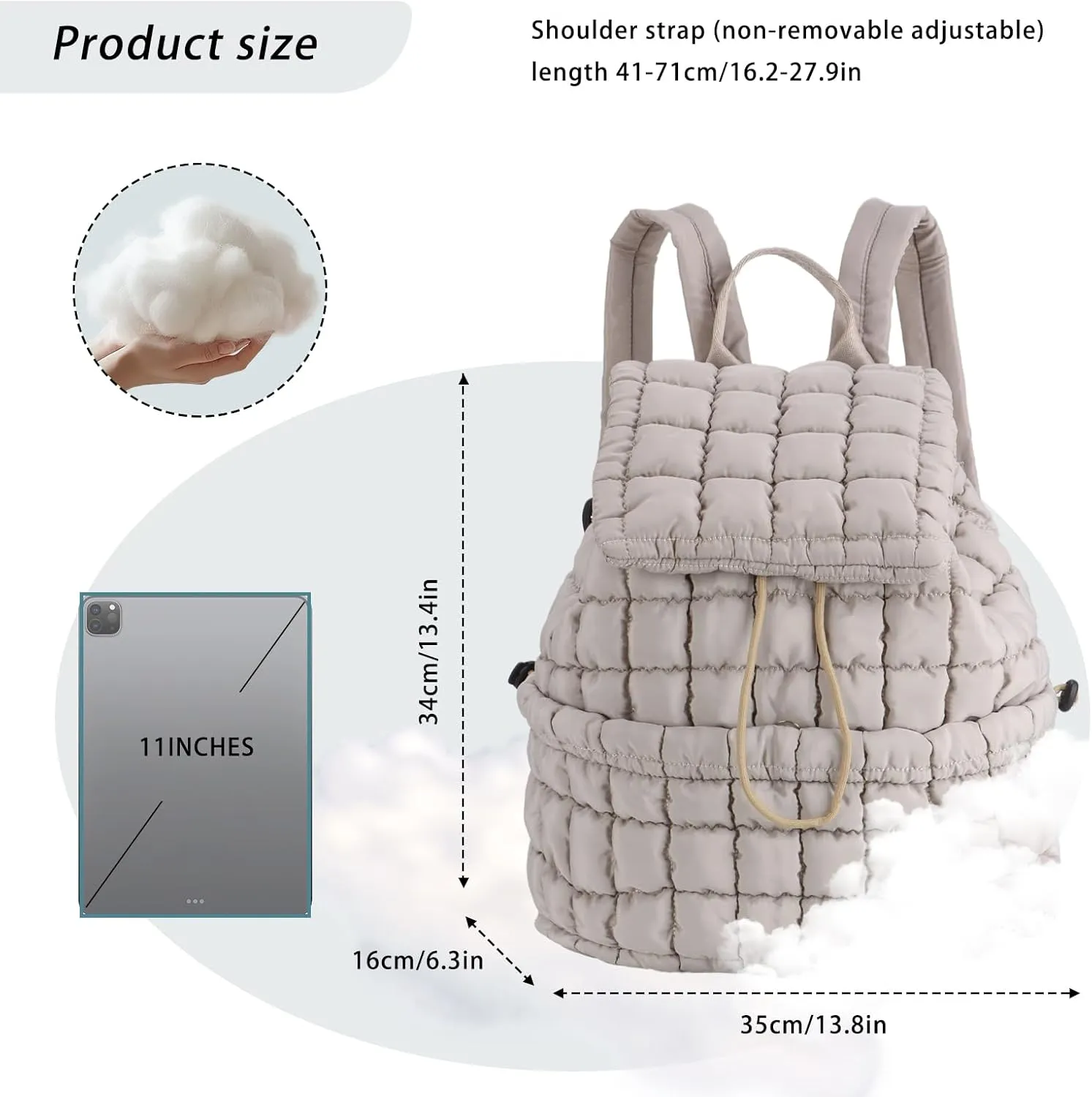 GOKTOW Quilted Backpack for Women, Puffer Gym Bag for Travel Sports Lightweight Drawstring,Khaki