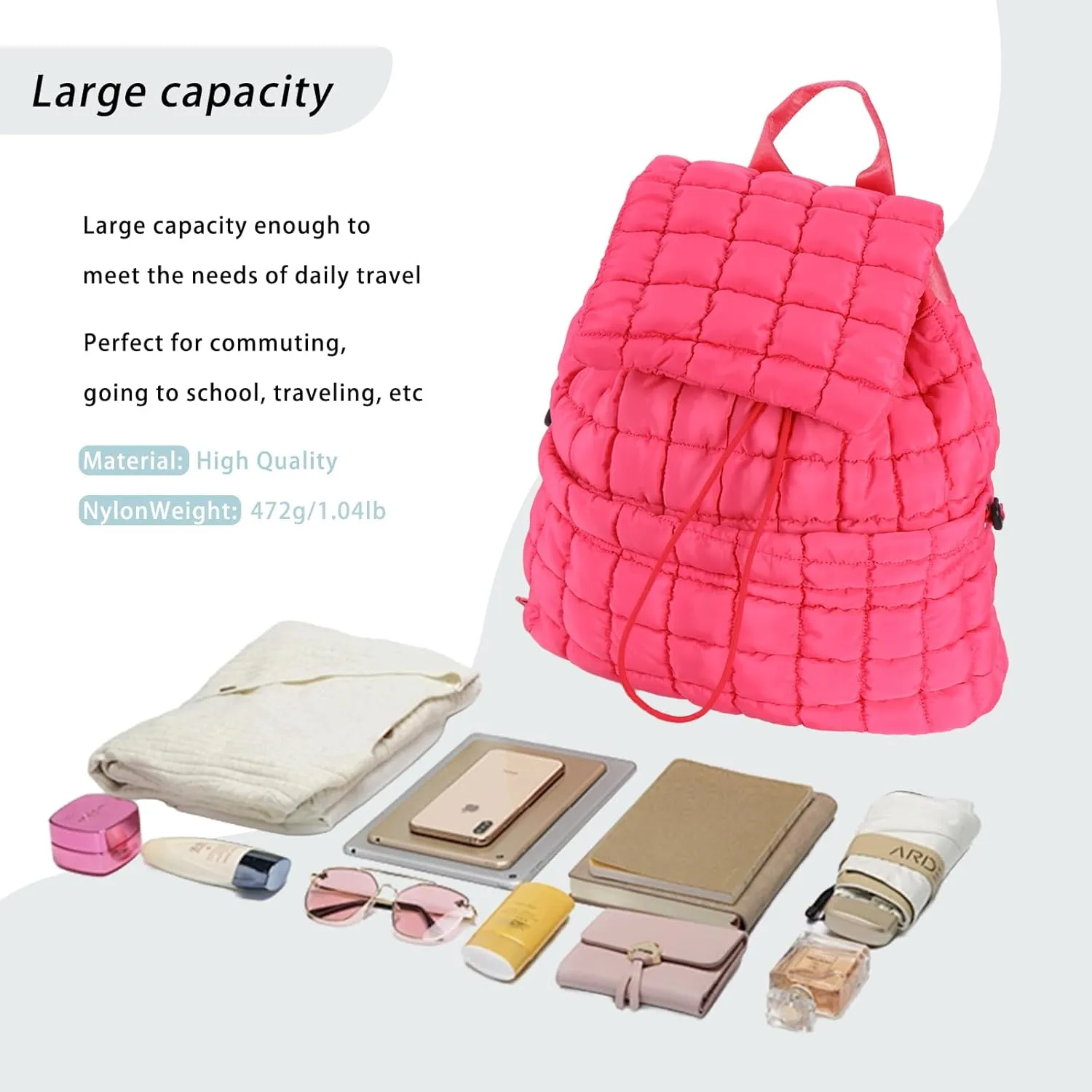 GOKTOW Quilted Backpack for Women, Puffer Gym Bag for Travel Sports Lightweight Drawstring,Pink