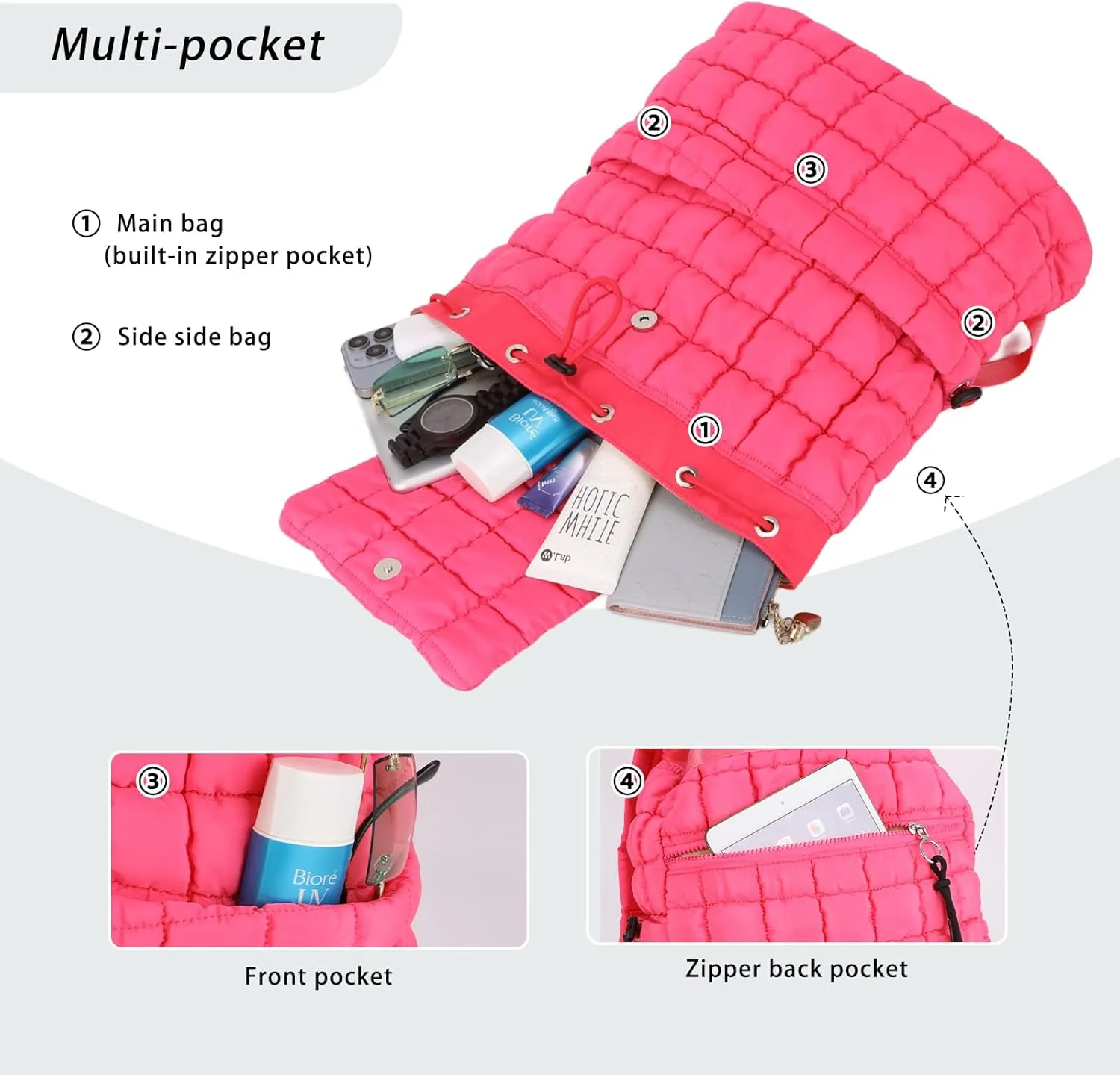 GOKTOW Quilted Backpack for Women, Puffer Gym Bag for Travel Sports Lightweight Drawstring,Pink