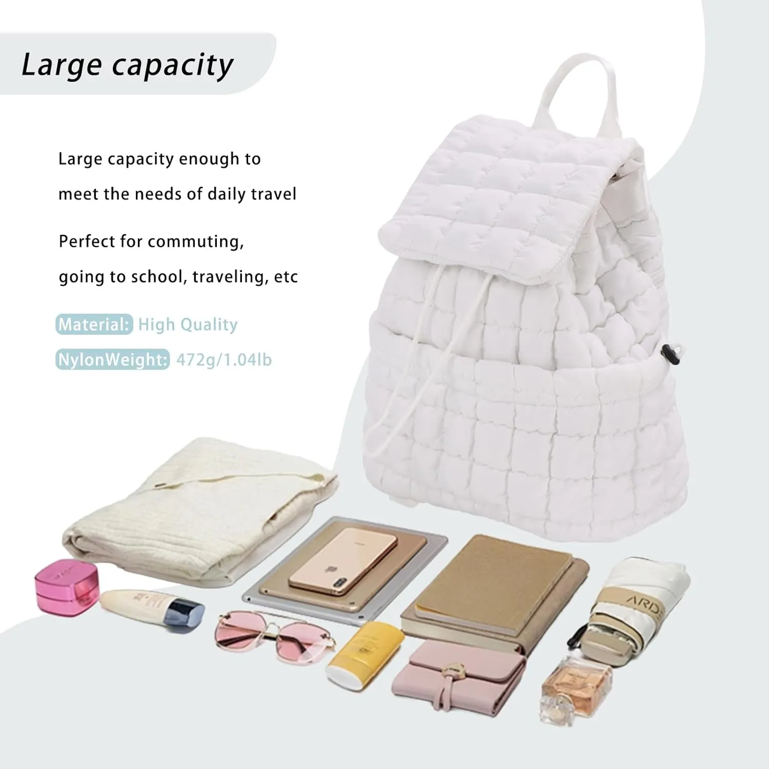 GOKTOW Quilted Backpack for Women, Puffer Gym Bag for Travel Sports Lightweight Drawstring,White