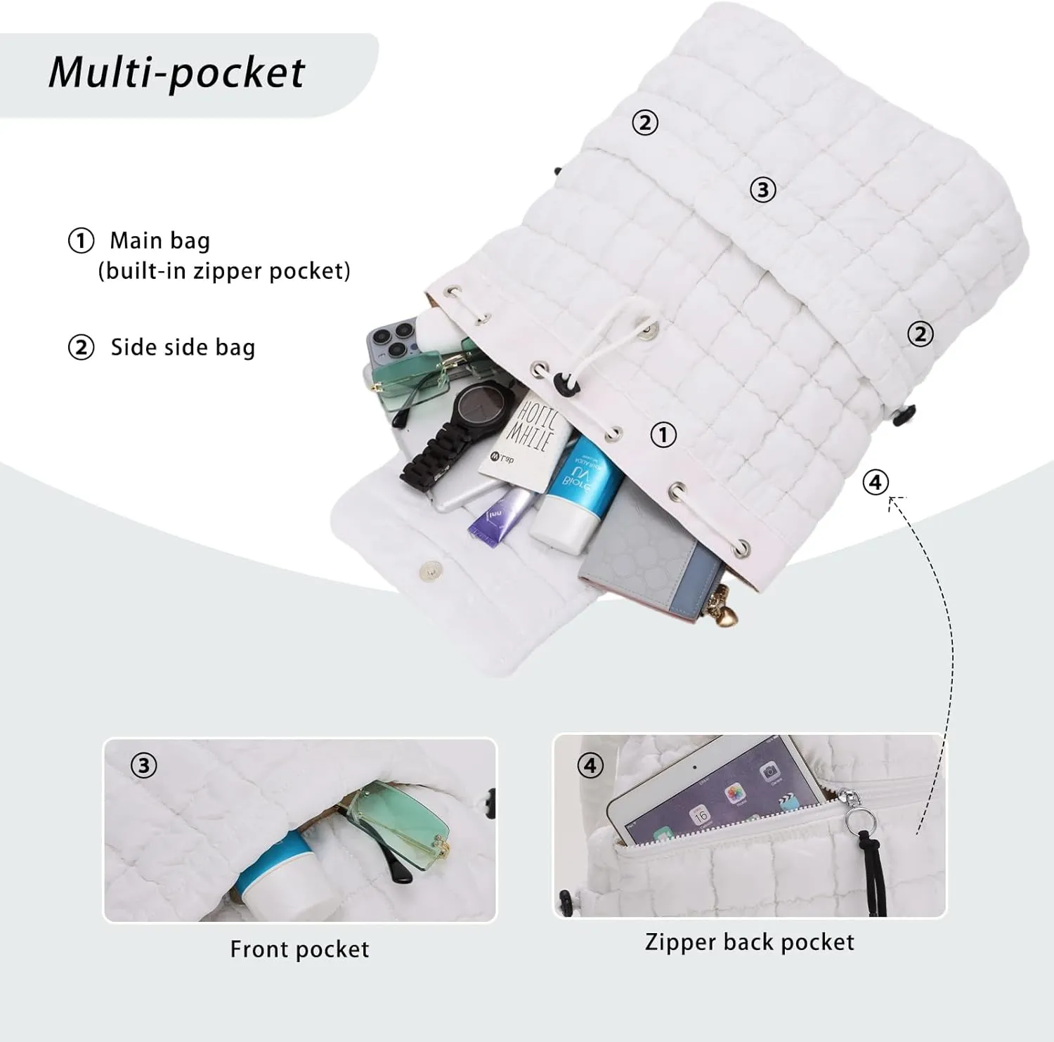 GOKTOW Quilted Backpack for Women, Puffer Gym Bag for Travel Sports Lightweight Drawstring,White