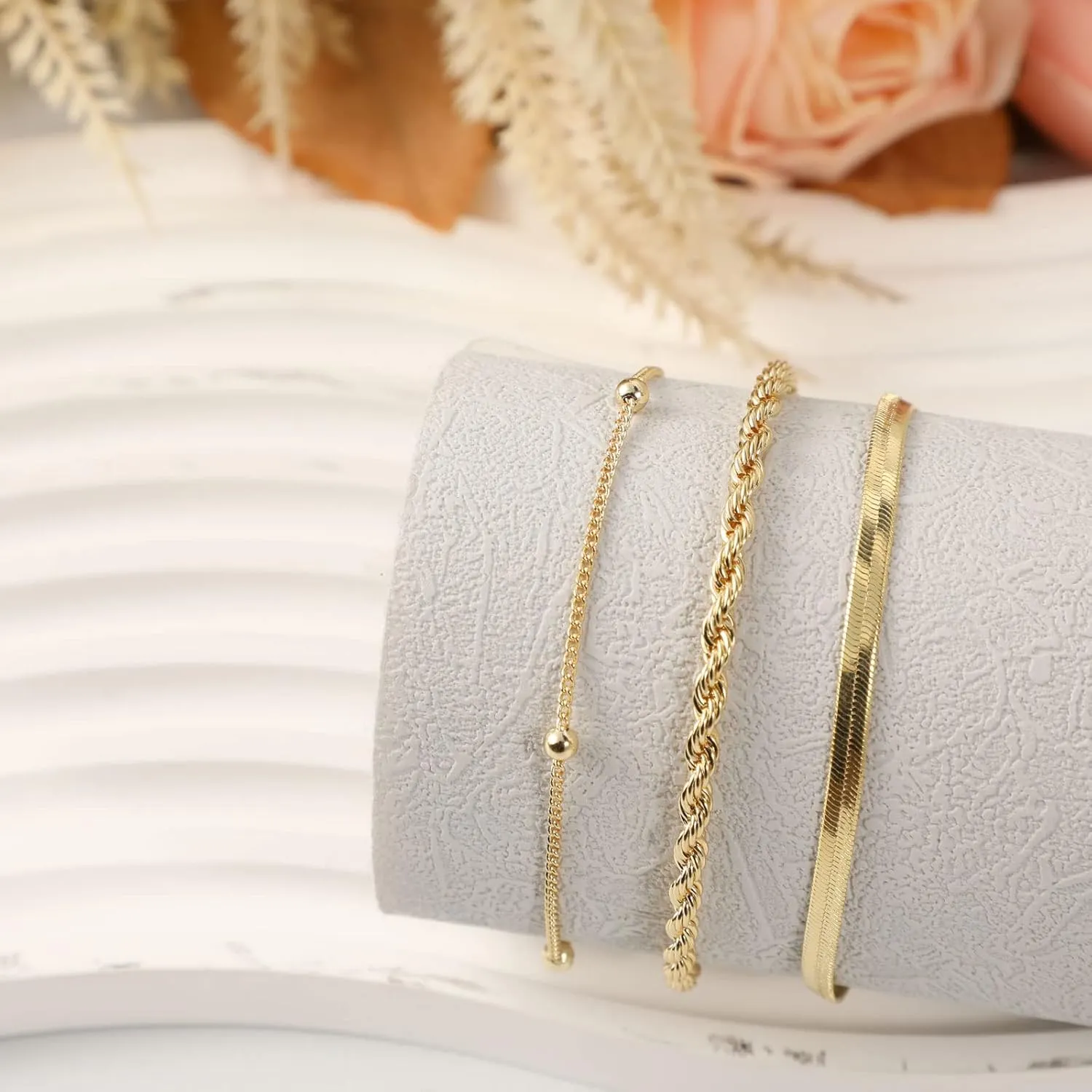 Gold Bracelets for Women 14K Gold Plated Dainty Gold Bracelet Lightweight Chain Bracelet Satellite Bar Bead CZ Four Leaf Clover Bracelet Simple Minimalist Handmade Jewelry Gift