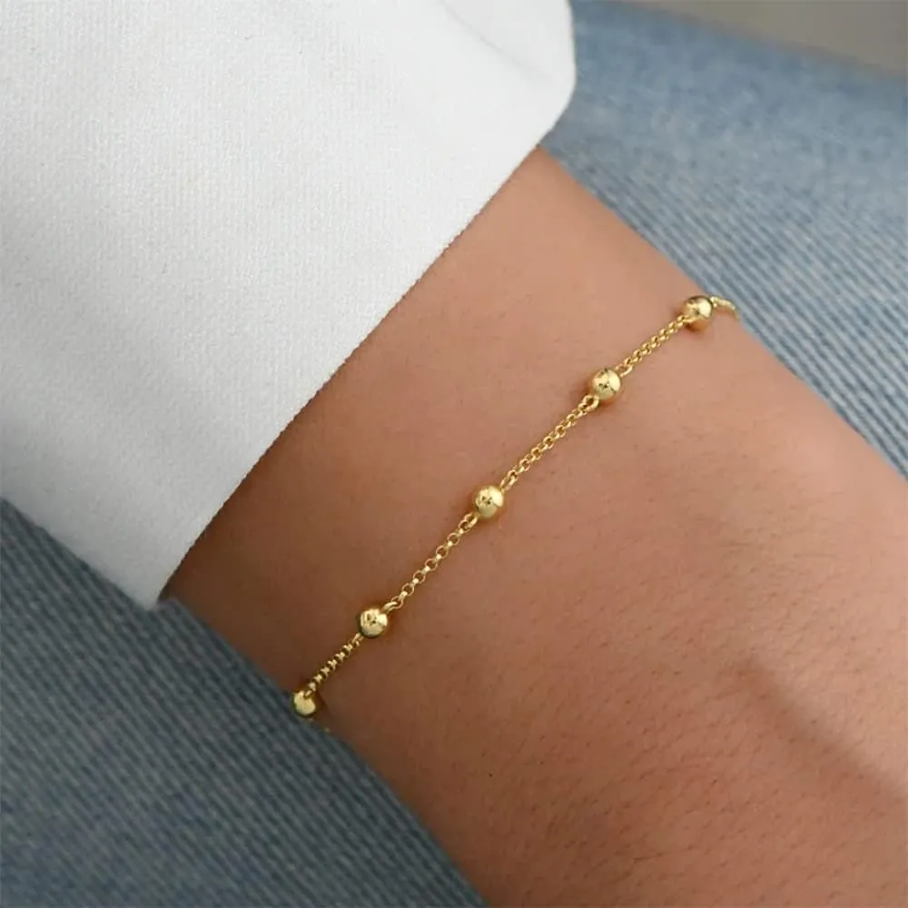 Gold Bracelets for Women 14K Gold Plated Dainty Gold Bracelet Lightweight Chain Bracelet Satellite Bar Bead CZ Four Leaf Clover Bracelet Simple Minimalist Handmade Jewelry Gift