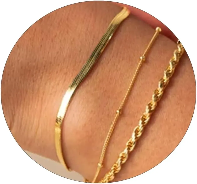 Gold Bracelets for Women 14K Gold Plated Dainty Gold Bracelet Lightweight Chain Bracelet Satellite Bar Bead CZ Four Leaf Clover Bracelet Simple Minimalist Handmade Jewelry Gift