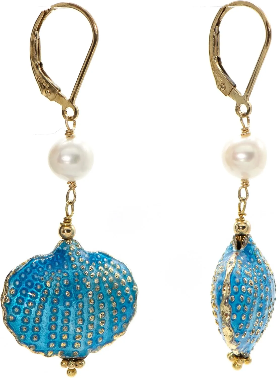 Gold-Plated Brass Leverback Earrings made with White Cultured Freshwater Potato-shaped (5.5-6mm) Pearls and Blue Cloisonne Sea-Shell Shaped Drops