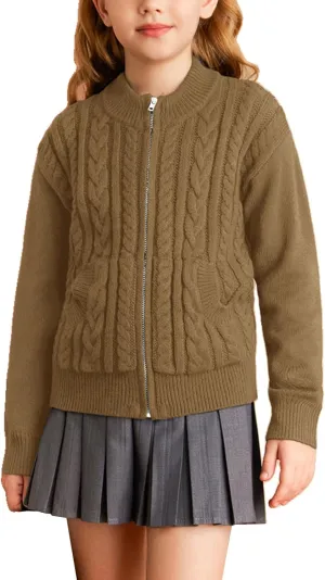 GRACE KARIN Girls Knit Cardigan Sweater Zip Long Sleeve Kids School Uniform Fall Jacket Size 6-14