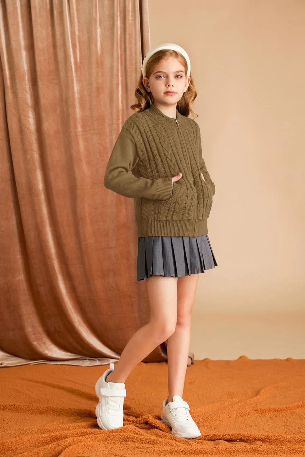 GRACE KARIN Girls Knit Cardigan Sweater Zip Long Sleeve Kids School Uniform Fall Jacket Size 6-14