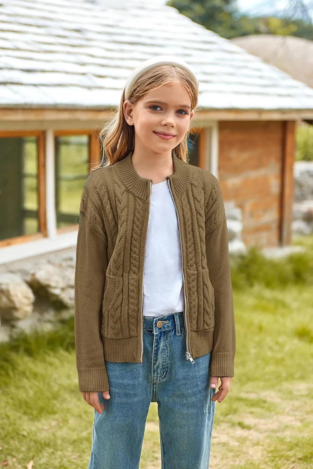 GRACE KARIN Girls Knit Cardigan Sweater Zip Long Sleeve Kids School Uniform Fall Jacket Size 6-14