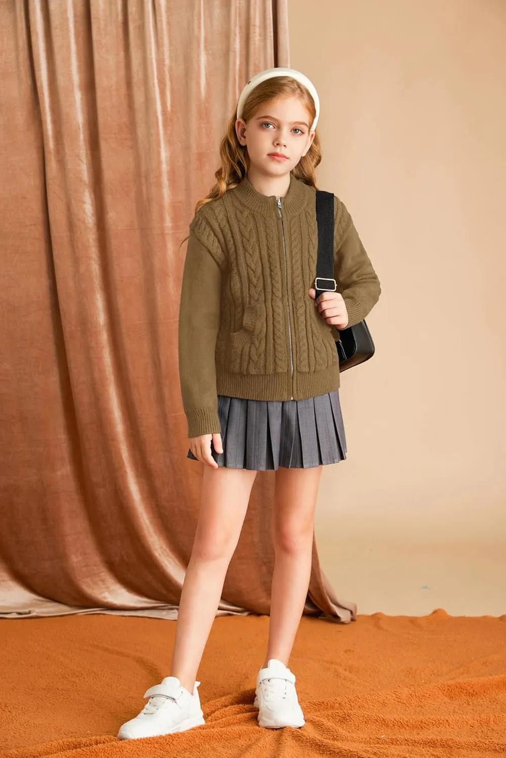 GRACE KARIN Girls Knit Cardigan Sweater Zip Long Sleeve Kids School Uniform Fall Jacket Size 6-14