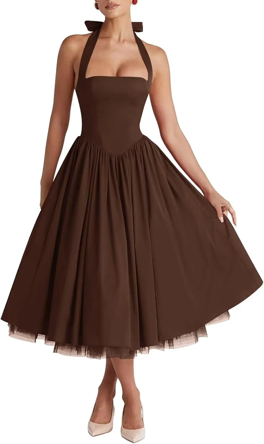 Halter Satin Prom Dresses for Women 2025 Tea Length Pleated Formal Evening Gown A Line Ball Gowns