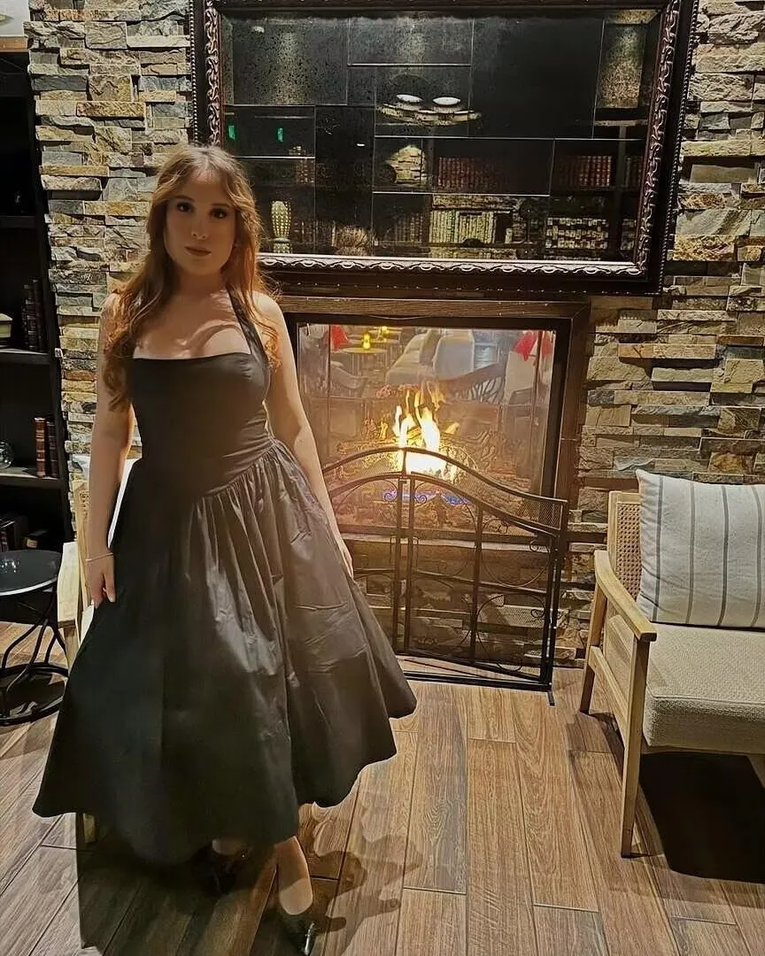 Halter Satin Prom Dresses for Women 2025 Tea Length Pleated Formal Evening Gown A Line Ball Gowns