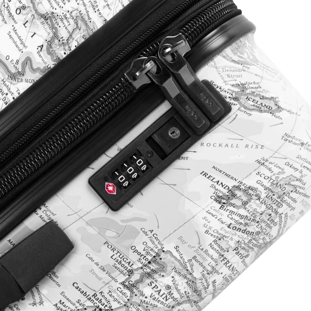Heys Journey 3G Fashion Spinner, Lightweight and Durable, Expandable with A Glossy Protective Clear Coat, Comfortable Cushioned Grip and Side Handles, Men and Women, Black/White Map, Check-In 30-Inch