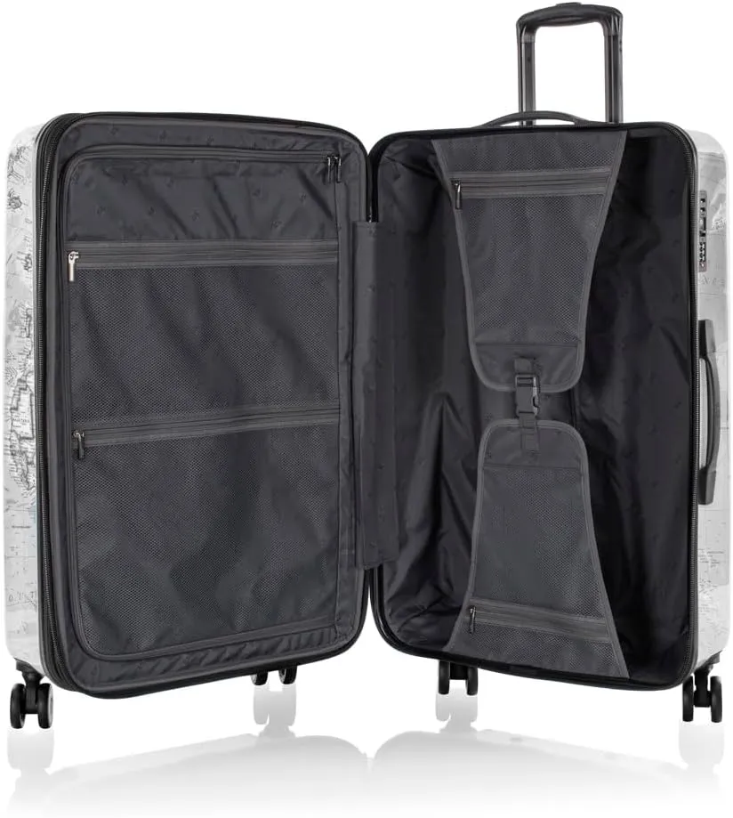 Heys Journey 3G Fashion Spinner, Lightweight and Durable, Expandable with A Glossy Protective Clear Coat, Comfortable Cushioned Grip and Side Handles, Men and Women, Black/White Map, Check-In 30-Inch