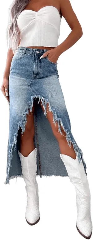 High Waisted Irregular Fringed Denim Skirt for Women, Worn and Washed Half Length Skirt