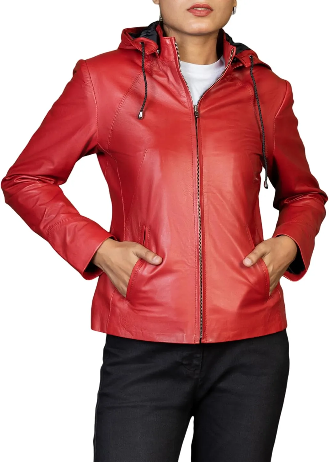 Jild Real Leather Jacket Women with Removable Leather Hood - Slim Fit Design Ladies Biker Motorcycle Jacket