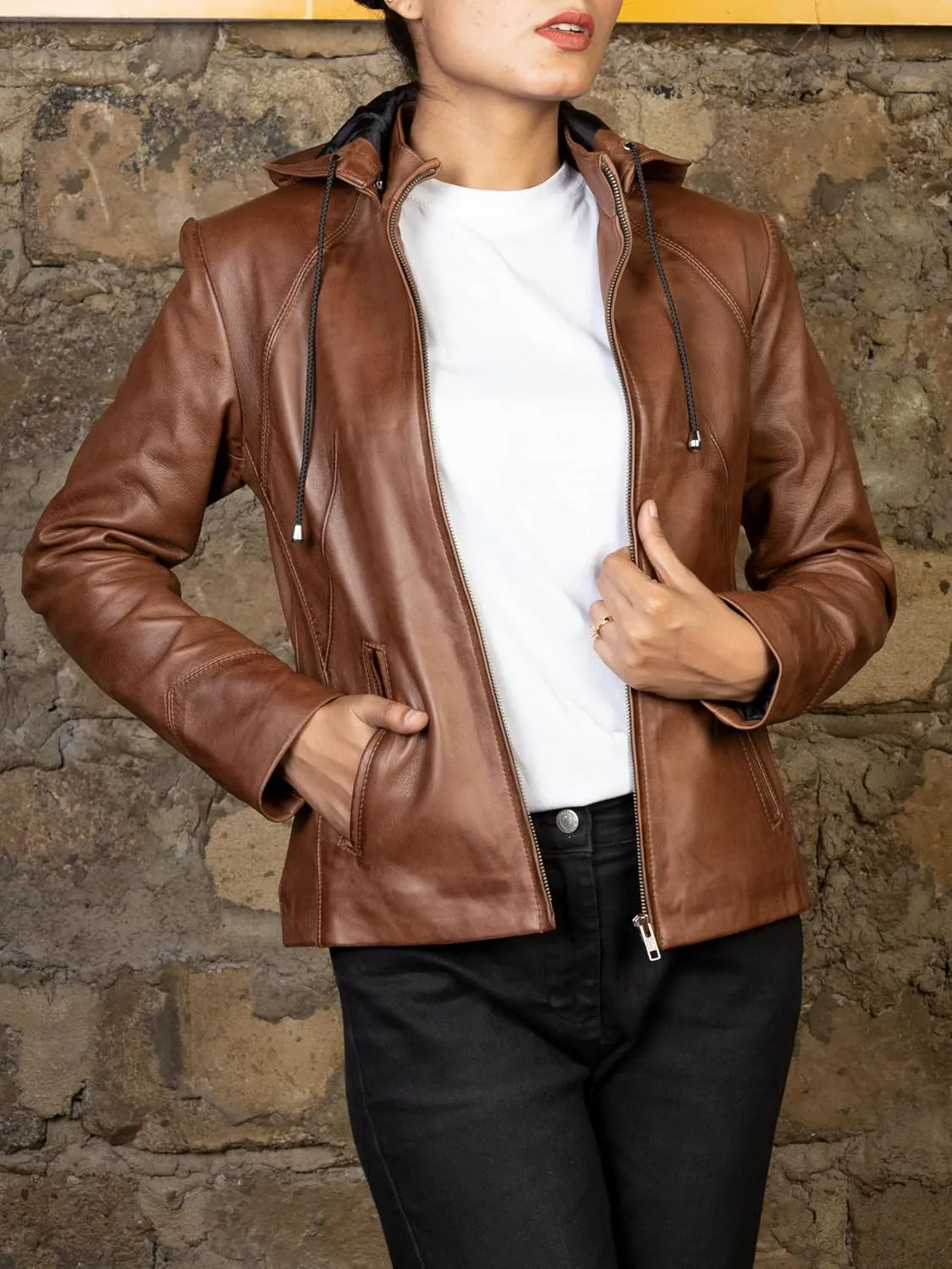 Jild Real Leather Jacket Women with Removable Leather Hood - Slim Fit Design Ladies Biker Motorcycle Jacket