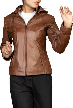 Jild Real Leather Jacket Women with Removable Leather Hood - Slim Fit Design Ladies Biker Motorcycle Jacket