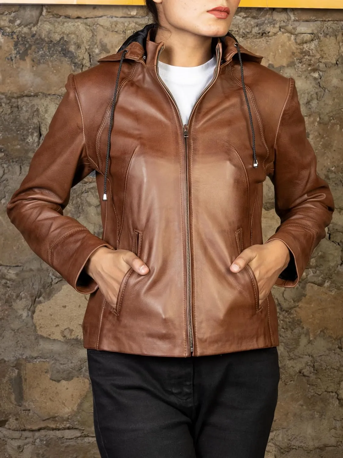 Jild Real Leather Jacket Women with Removable Leather Hood - Slim Fit Design Ladies Biker Motorcycle Jacket