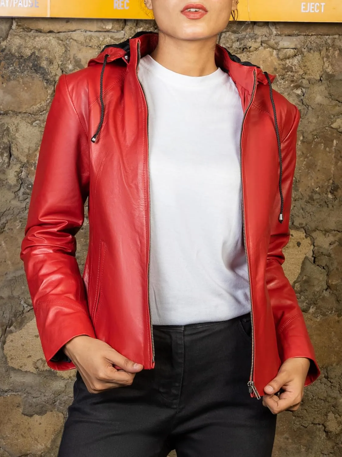 Jild Real Leather Jacket Women with Removable Leather Hood - Slim Fit Design Ladies Biker Motorcycle Jacket