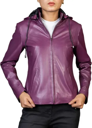 Jild Real Leather Jacket Women with Removable Leather Hood - Slim Fit Design Ladies Biker Motorcycle Jacket