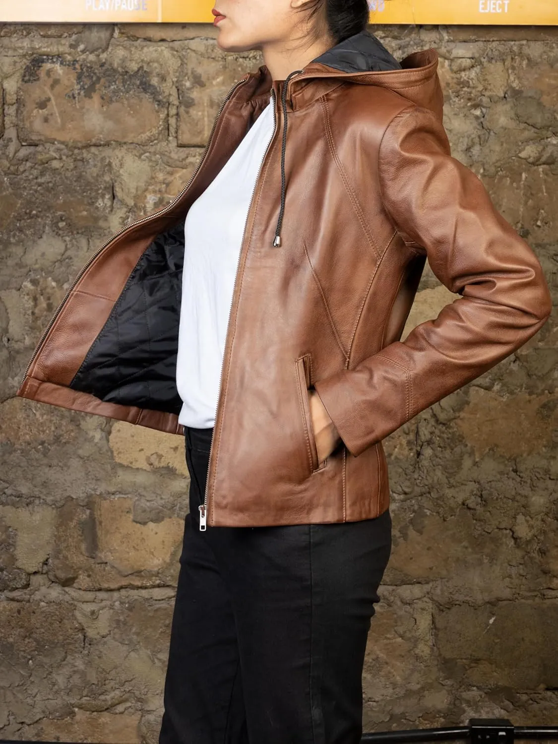 Jild Real Leather Jacket Women with Removable Leather Hood - Slim Fit Design Ladies Biker Motorcycle Jacket