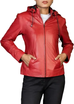 Jild Real Leather Jacket Women with Removable Leather Hood - Slim Fit Design Ladies Biker Motorcycle Jacket