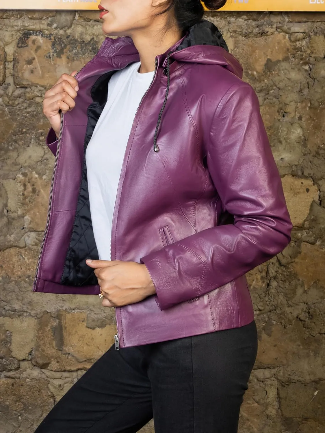 Jild Real Leather Jacket Women with Removable Leather Hood - Slim Fit Design Ladies Biker Motorcycle Jacket