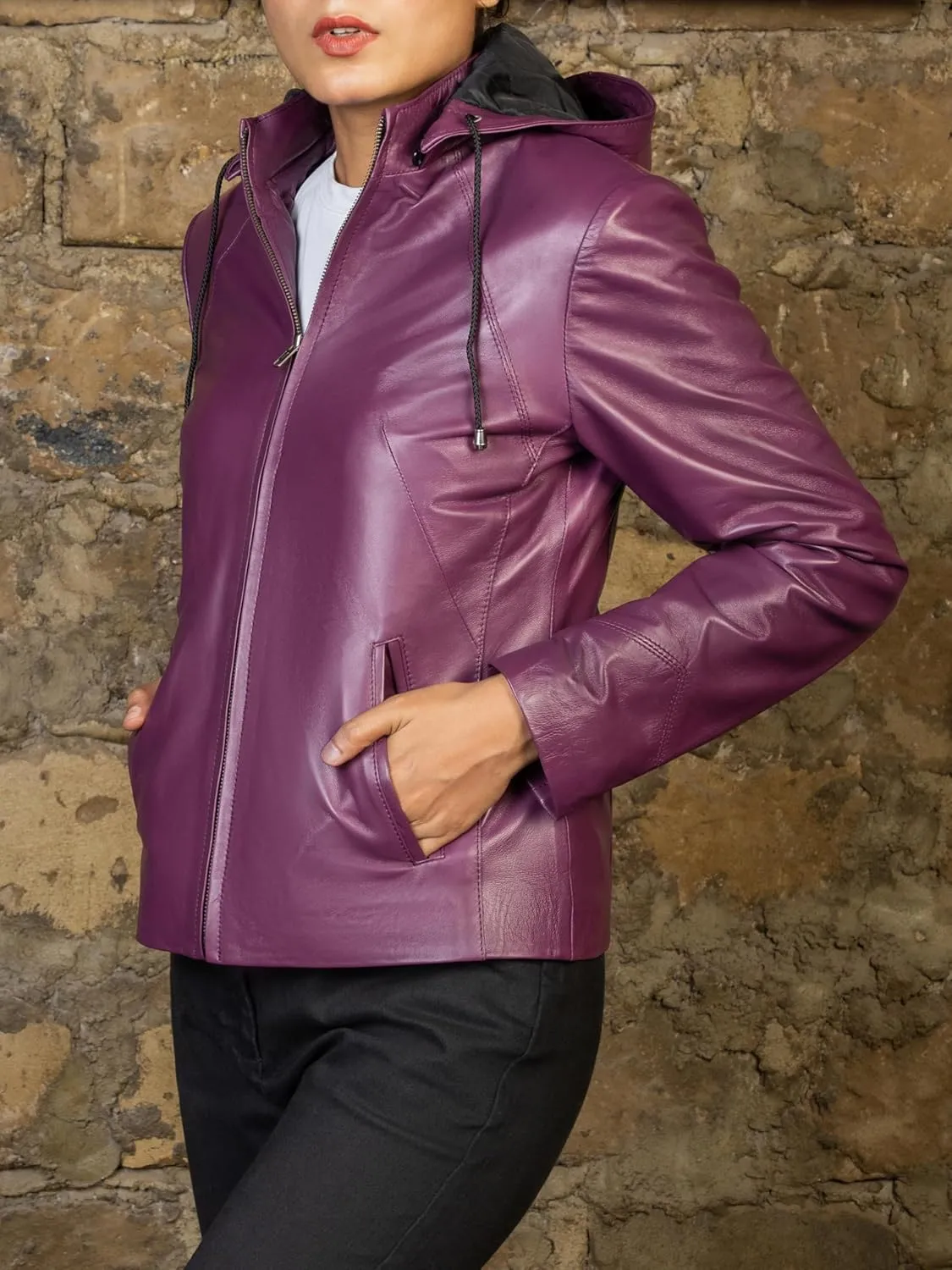 Jild Real Leather Jacket Women with Removable Leather Hood - Slim Fit Design Ladies Biker Motorcycle Jacket