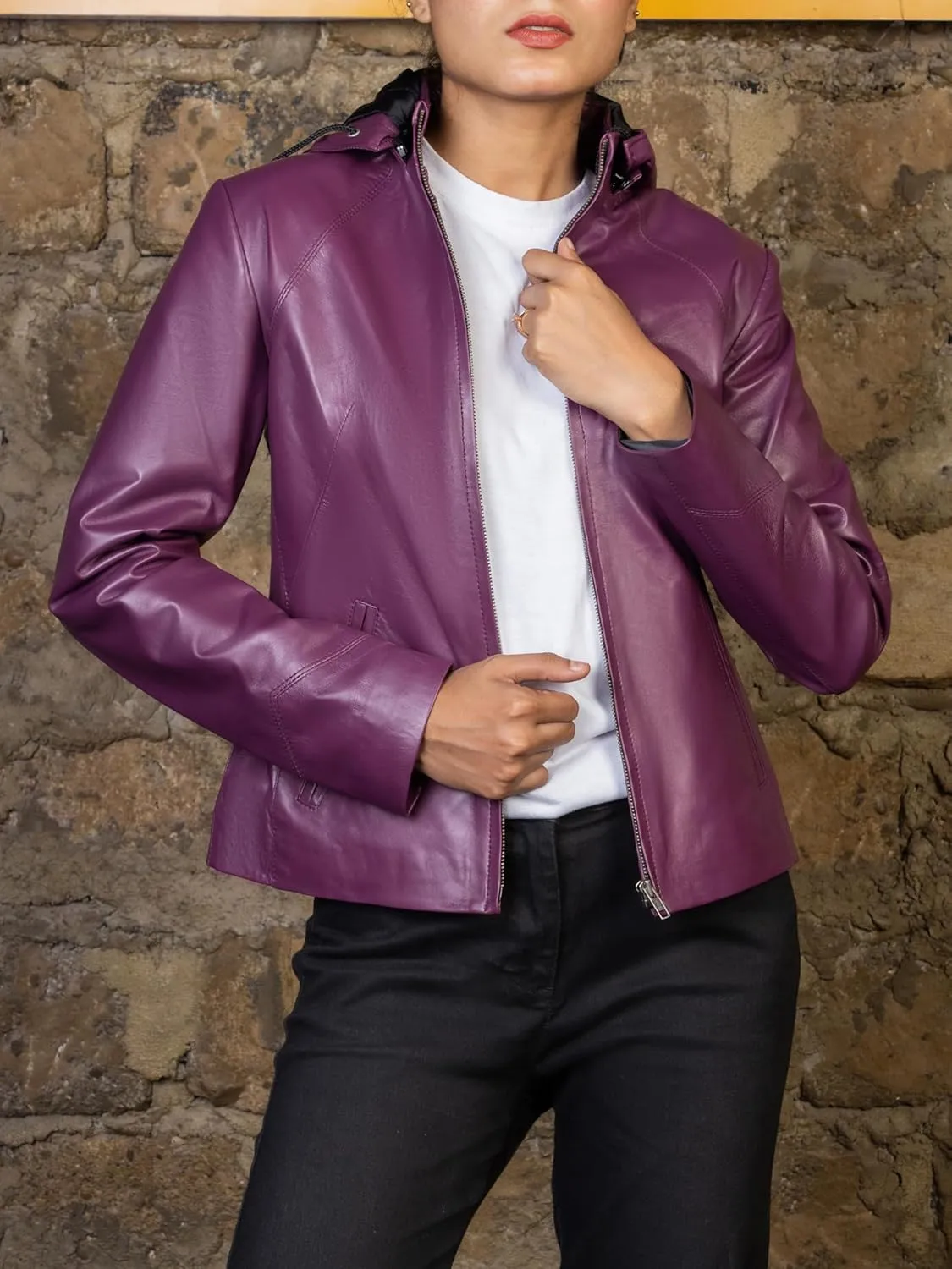 Jild Real Leather Jacket Women with Removable Leather Hood - Slim Fit Design Ladies Biker Motorcycle Jacket