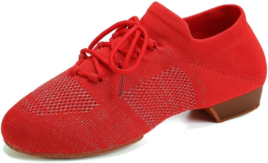JUODVMP Women's Knits Dance Shoes Classical Lace-up Jazz Ballet Flats Casual Walking Sneakers