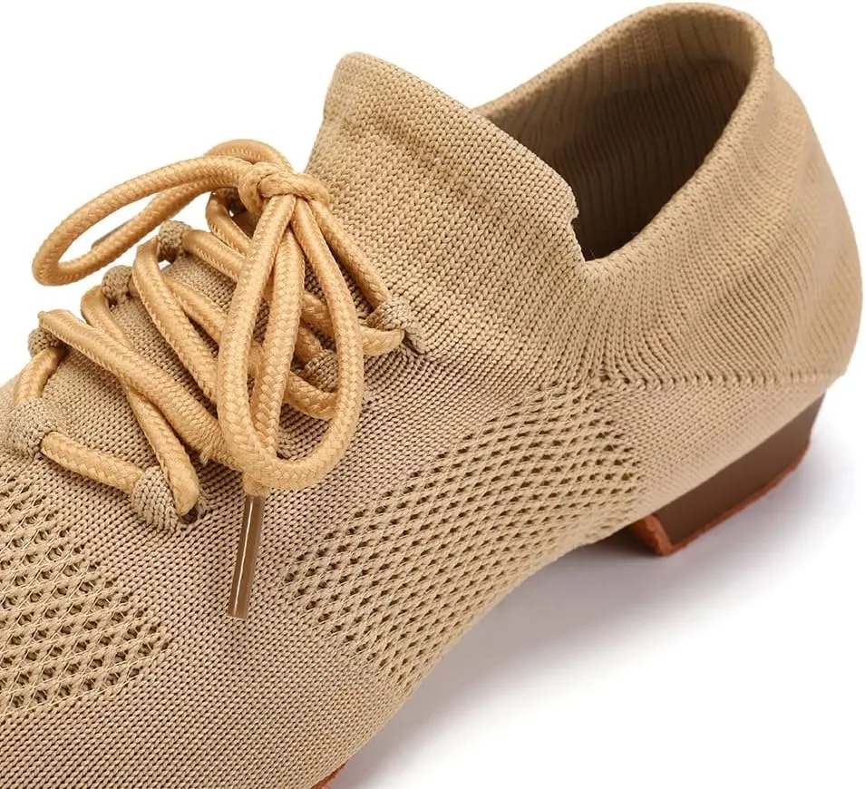 JUODVMP Women's Knits Dance Shoes Classical Lace-up Jazz Ballet Flats Casual Walking Sneakers