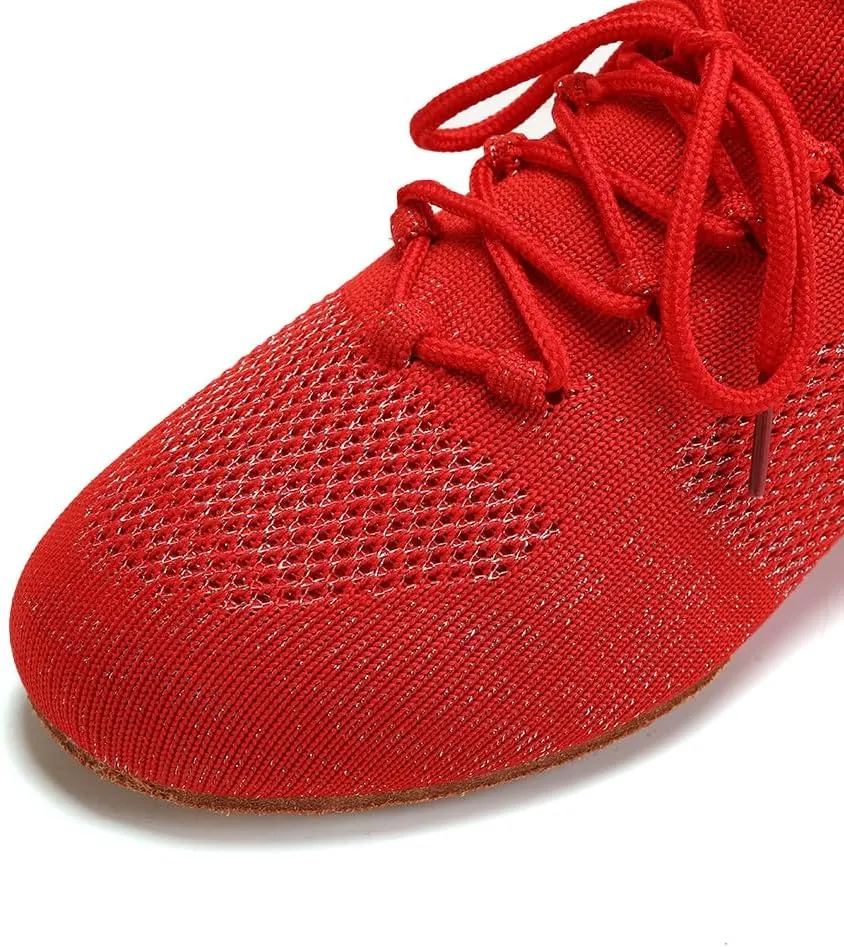 JUODVMP Women's Knits Dance Shoes Classical Lace-up Jazz Ballet Flats Casual Walking Sneakers