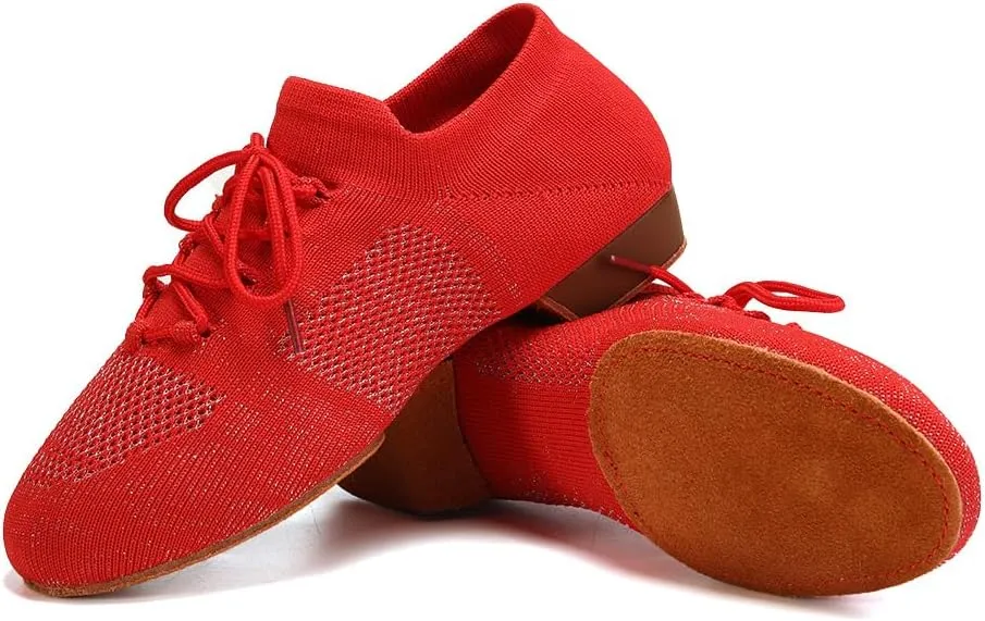 JUODVMP Women's Knits Dance Shoes Classical Lace-up Jazz Ballet Flats Casual Walking Sneakers