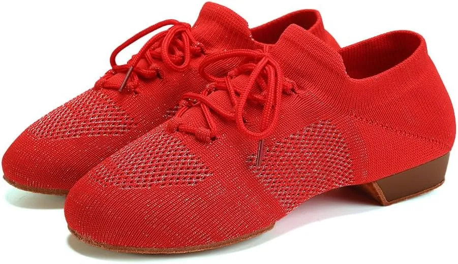 JUODVMP Women's Knits Dance Shoes Classical Lace-up Jazz Ballet Flats Casual Walking Sneakers